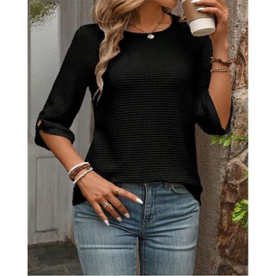 Womens Waffle Knit Shirts Short Sleeves with Button Crewneck Tunic Tops Casual Solid Loose Blouses