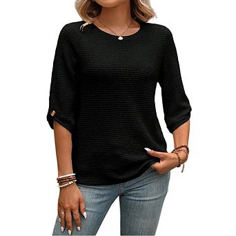 Womens Waffle Knit Shirts Short Sleeves with Button Crewneck Tunic Tops Casual Solid Loose Blouses
