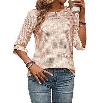Womens Waffle Knit Shirts Short Sleeves with Button Crewneck Tunic Tops Casual Solid Loose Blouses