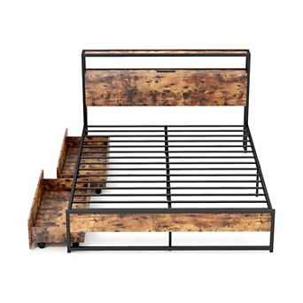 Queen Bed Frame with 2 tier Storage Headboard and Charging Station-Queen Size