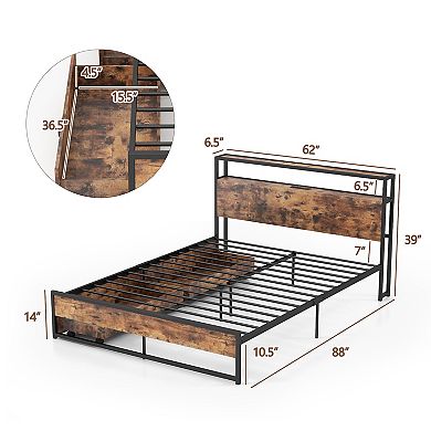 Queen Bed Frame with 2-Tier Storage Headboard and Charging Station-Queen Size