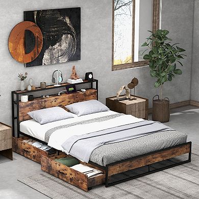 Queen Bed Frame with 2-Tier Storage Headboard and Charging Station-Queen Size