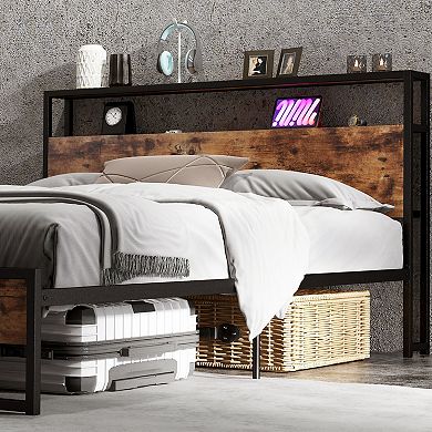 Queen Bed Frame with 2-Tier Storage Headboard and Charging Station-Queen Size