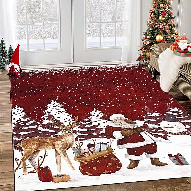 Christmas Area Rug, Machine Washable Xmas Santa Claus Rug, Non Slip Soft Bedroom Rugs Low Pile