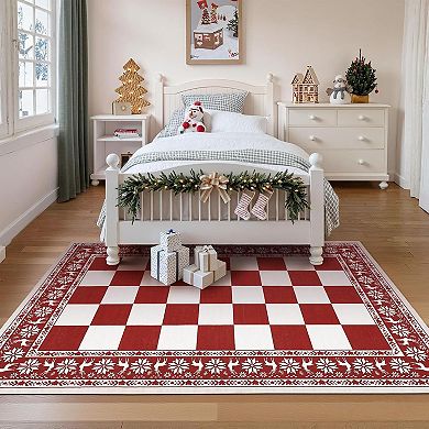 Washable Rug for Christmas Decor, Non Slip Carpet, Checkered Soft Low Pile Christmas Rug for Bedroom