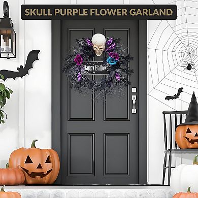 22 In Halloween Skeleton Wreath with Lights - Spooky Front Door Wreath
