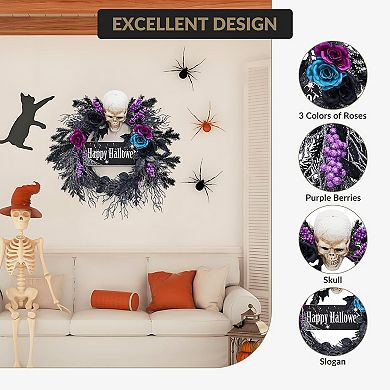 22 In Halloween Skeleton Wreath with Lights - Spooky Front Door Wreath