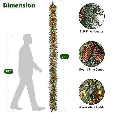 9FT Pre-Lit Christmas Garland w/Warm White LED Lights,Flocked Snow Pine Greenery for Staircase