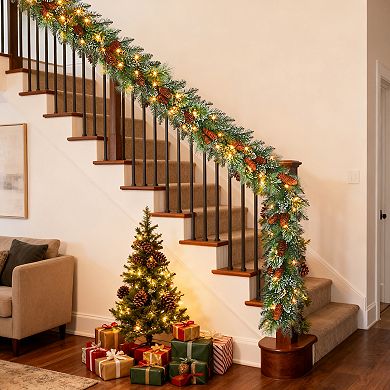 9FT Pre-Lit Christmas Garland w/Warm White LED Lights,Flocked Snow Pine Greenery for Staircase