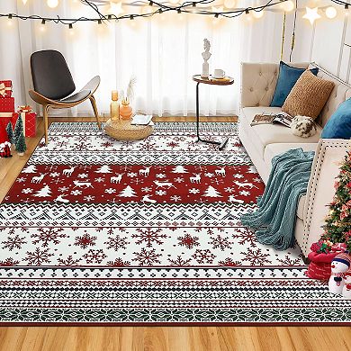 Christmas Washable Vintage Boho Red Medallion Area Rug,Indoor Mat for Bedroom Living Room DiningRoom