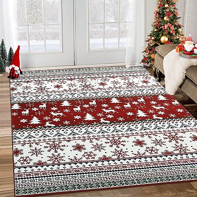 Christmas Washable Vintage Boho Red Medallion Area Rug,Indoor Mat for Bedroom Living Room DiningRoom