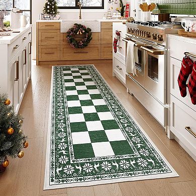 Washable Rug for Christmas Decor, Non Slip Carpet, Checkered Soft Low Pile Christmas Rug for Bedroom