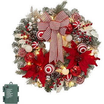 Pre-Lit Christmas Wreath for Front Door, 24" Large Lighted Wreath with Balls, Artificial Flower&Bow