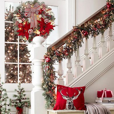 Pre-Lit Christmas Wreath for Front Door, 24" Large Lighted Wreath with Balls, Artificial Flower&Bow