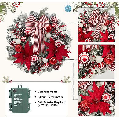 Pre-Lit Christmas Wreath for Front Door, 24" Large Lighted Wreath with Balls, Artificial Flower&Bow