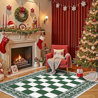 Washable Rug for Christmas Decor, Non Slip Carpet, Checkered Soft Low Pile Christmas Rug for Bedroom