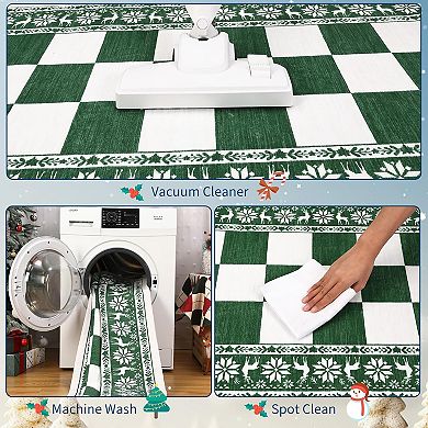 Washable Rug for Christmas Decor, Non Slip Carpet, Checkered Soft Low Pile Christmas Rug for Bedroom