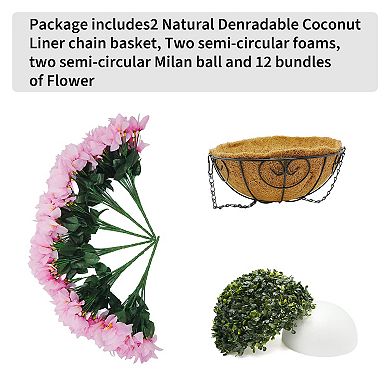 2 Set Artificial Outdoor Bougainvillea Flowers with Brown Basket, Artificial Hanging Flowers Plant