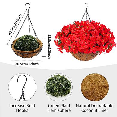 2 Set Artificial Outdoor Bougainvillea Flowers with Brown Basket, Artificial Hanging Flowers Plant