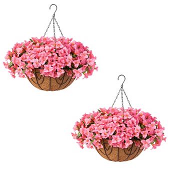 2 Set Artificial Outdoor Bougainvillea Flowers with Brown Basket, Artificial Hanging Flowers Plant