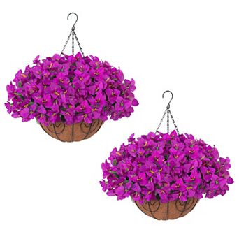 2 Set Artificial Outdoor Bougainvillea Flowers with Brown Basket, Artificial Hanging Flowers Plant