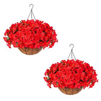 2 Set Artificial Outdoor Bougainvillea Flowers with Brown Basket, Artificial Hanging Flowers Plant