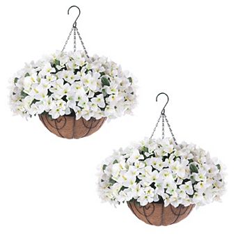 2 Set Artificial Outdoor Bougainvillea Flowers with Brown Basket, Artificial Hanging Flowers Plant