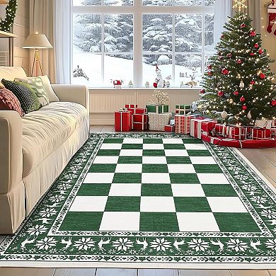Washable Rug for Christmas Decor, Non Slip Carpet, Checkered Soft Low Pile Christmas Rug for Bedroom