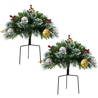 2 Pack Pre-lit Christmas Tree Urn Filler, Faux Christmas Busheswith Tripod Stake, 8 Modes & Timer