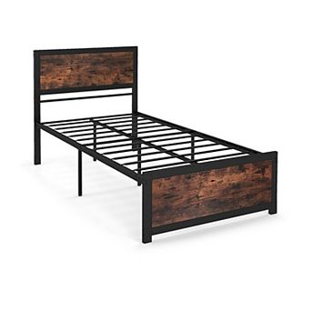 Twin Size Metal Bed Frame with High Headboard and Noise-Reducing Bars