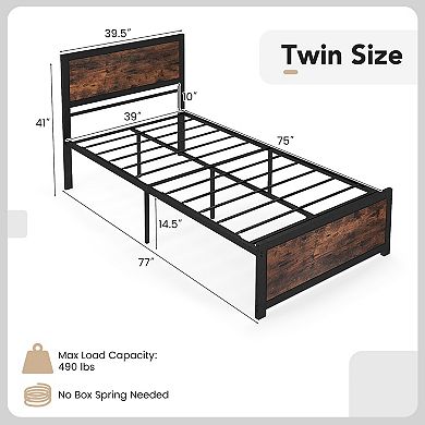 Twin Size Metal Bed Frame with High Headboard and Noise-Reducing Bars