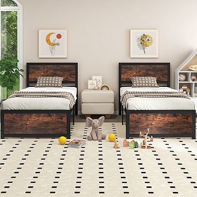 Twin Size Metal Bed Frame with High Headboard and Noise-Reducing Bars