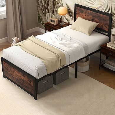Twin Size Metal Bed Frame with High Headboard and Noise-Reducing Bars