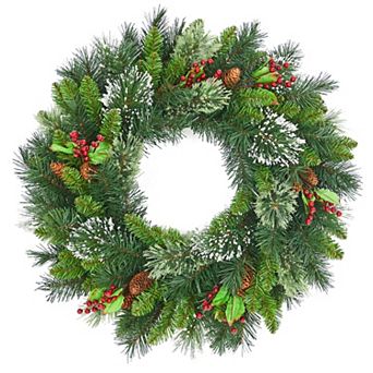 24 in Christmas Wreath with Light, Front Door Lighted Wreath with Pine Cones, Christmas Decorations