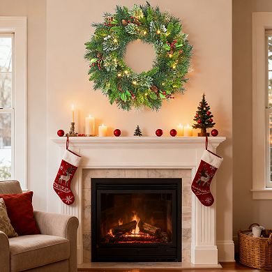 24 in Christmas Wreath with Light, Front Door Lighted Wreath with Pine Cones, Christmas Decorations