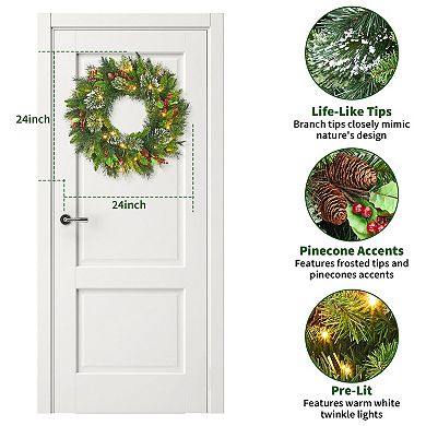 24 in Christmas Wreath with Light, Front Door Lighted Wreath with Pine Cones, Christmas Decorations