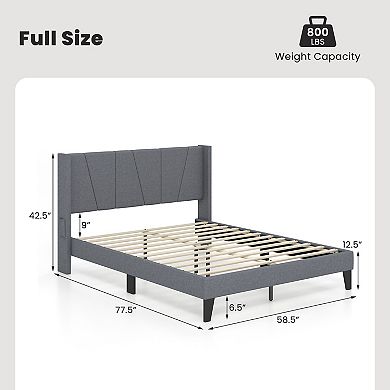 Full Size Bed Frame with Wingback Headboard and Wood Slat Support-Full Size