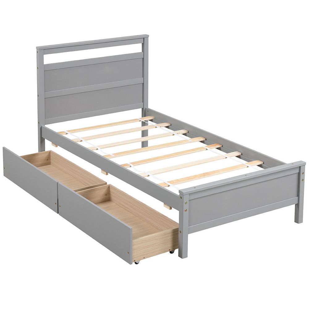 Gray Wood Platform Bed with Two Drawers - Twin Size