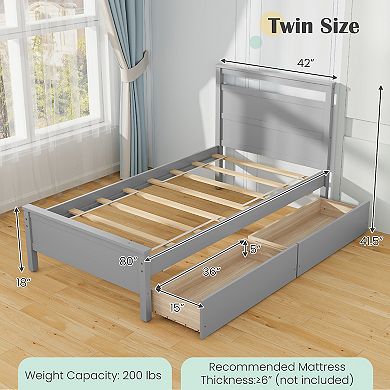Twin Size Wooden Platform Bed Frame with 2 Storage Drawers-Gray