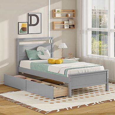 Twin Size Wooden Platform Bed Frame with 2 Storage Drawers-Gray