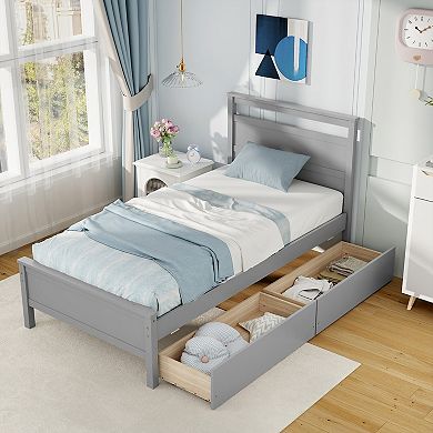 Twin Size Wooden Platform Bed Frame with 2 Storage Drawers-Gray