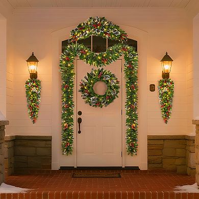 Wreath Set with Pre-Lit Warm White LED Lights, Flame Retardant PVC, Battery Operated(not iclude)