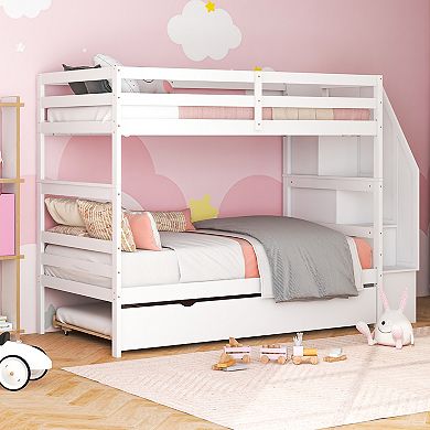 Home Wood Bunk Bed with Guard Rail and 4-step Storage Stairs No Box Spring Needed