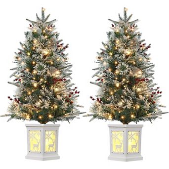2 pc 3ft Pre-Lit Artificial Christmas Tree with 78 Led Light,Elk Snow Flocked Tree with Brown Base