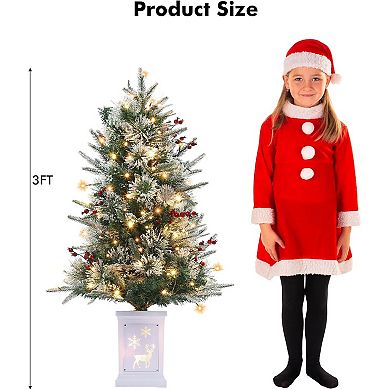 2pcs 3ft Pre-Lit Artificial Christmas Tree with 78 Led Light,Elk Snow Flocked Tree with Brown Base