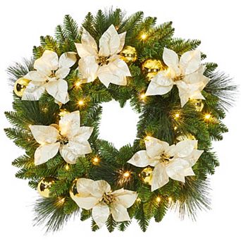 24 in Pre-Lit Christmas Wreath, Front Door Lighted Wreath with Flower, gold