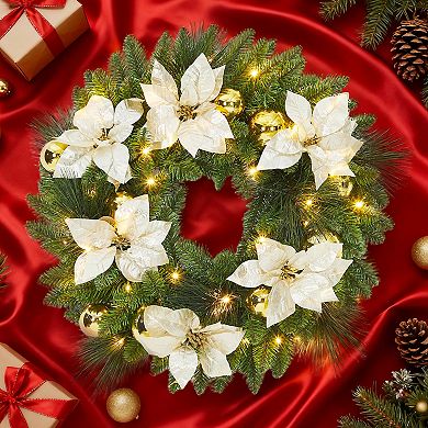 24 in Pre-Lit Christmas Wreath, Front Door Lighted Wreath with Flower, gold