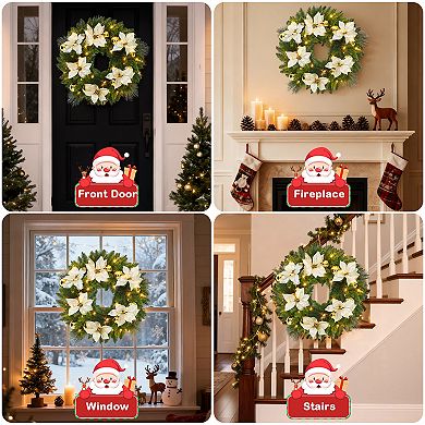 24 in Pre-Lit Christmas Wreath, Front Door Lighted Wreath with Flower, gold