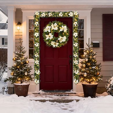 24 in Pre-Lit Christmas Wreath, Front Door Lighted Wreath with Flower, gold