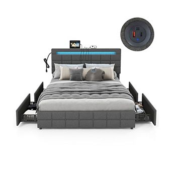 Queen Upholstered LED Bed Frame with Headboard and 4 Drawers